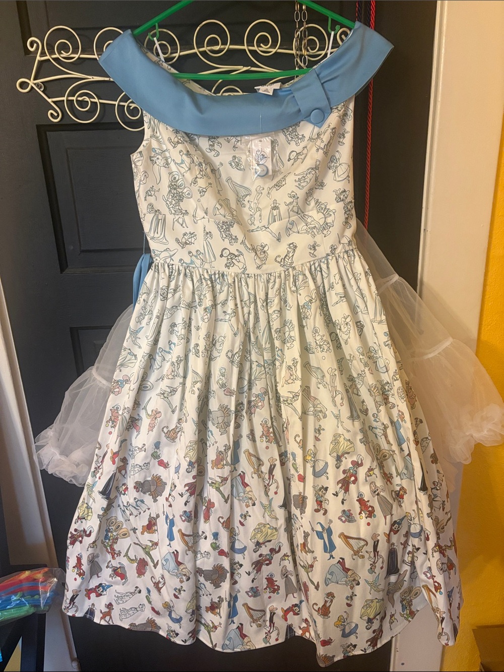 Disney White Dress with Light Blue Collar and Multicolor Character Print